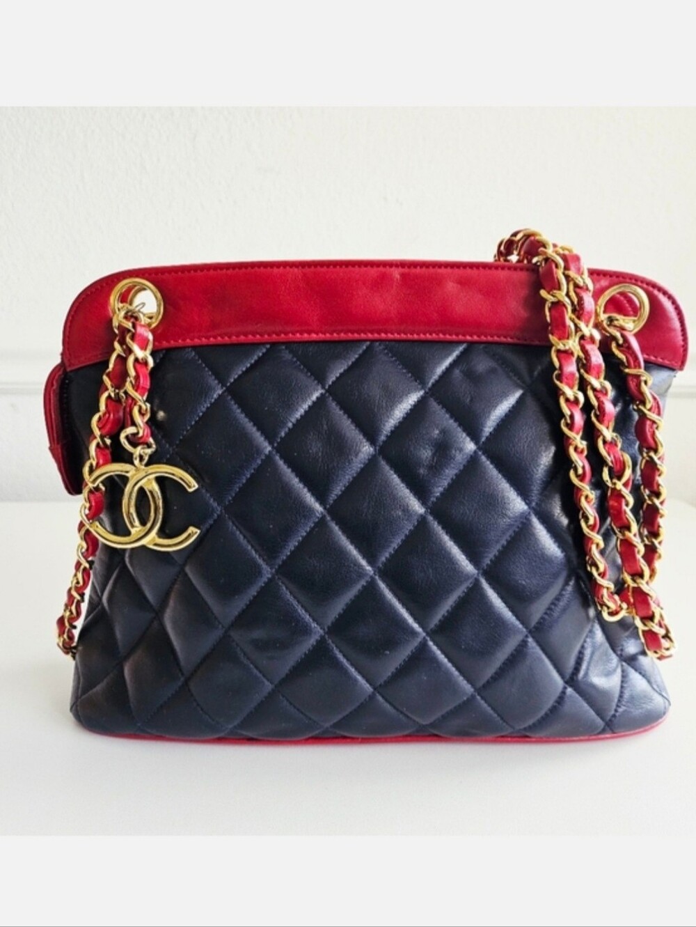 Chanel Navy Blue & Red Quilted 3-Way Leather Bag